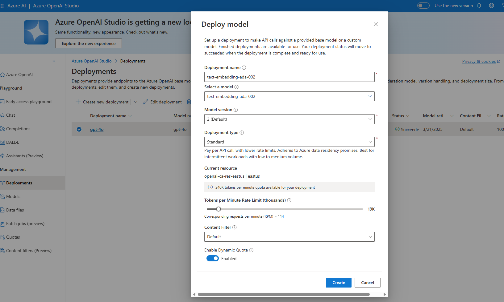 Semantic Caching - text-embedding-ada-002 deployment