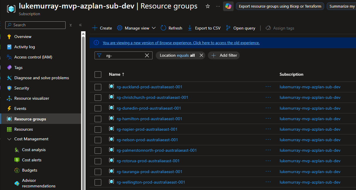 GitHub Copilot Coding Agent validate Bicep deploy of Resource groups