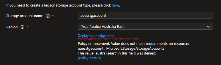 Azure Storage account deployment - Policy validation error