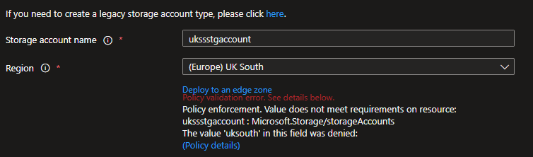 Azure Storage account deployment - Policy validation error