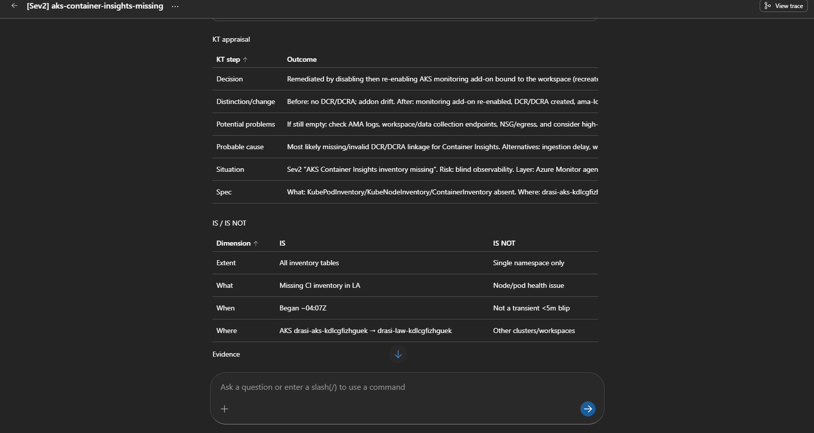 Azure SRE Agent - Container Insights Incident