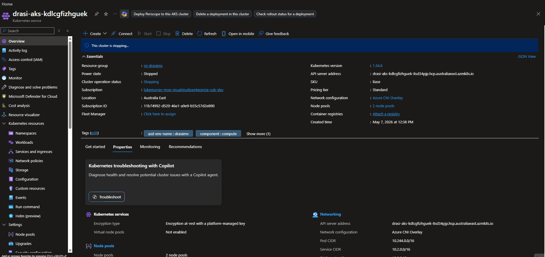 Azure SRE Agent - Stopped Cluster