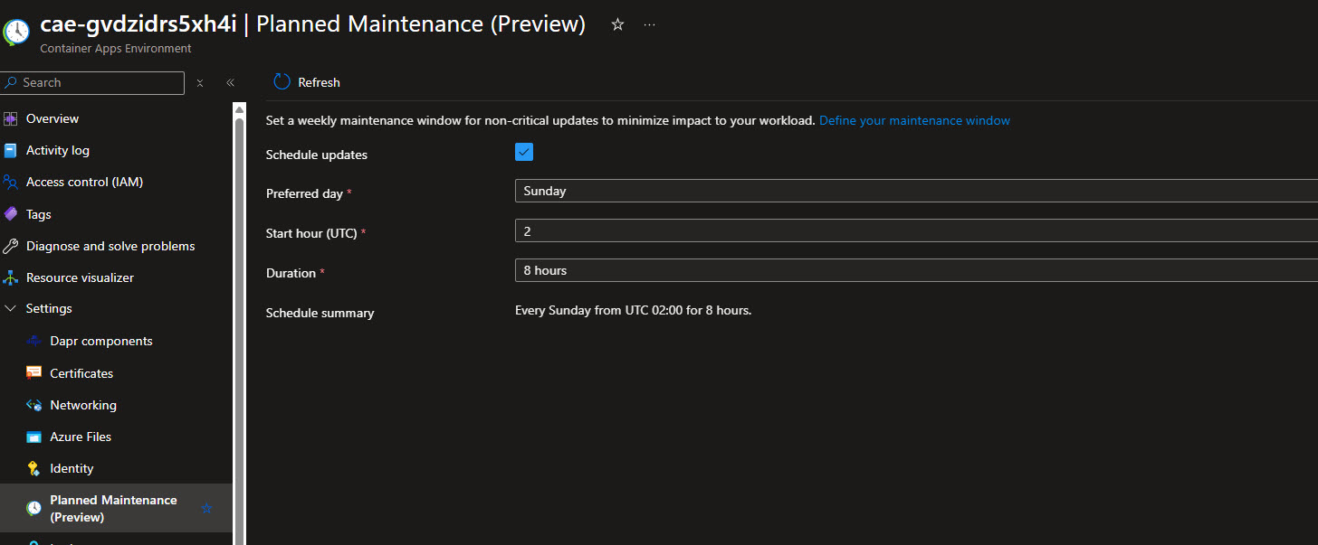 Container Apps maintenanceConfigurations in Azure Portal