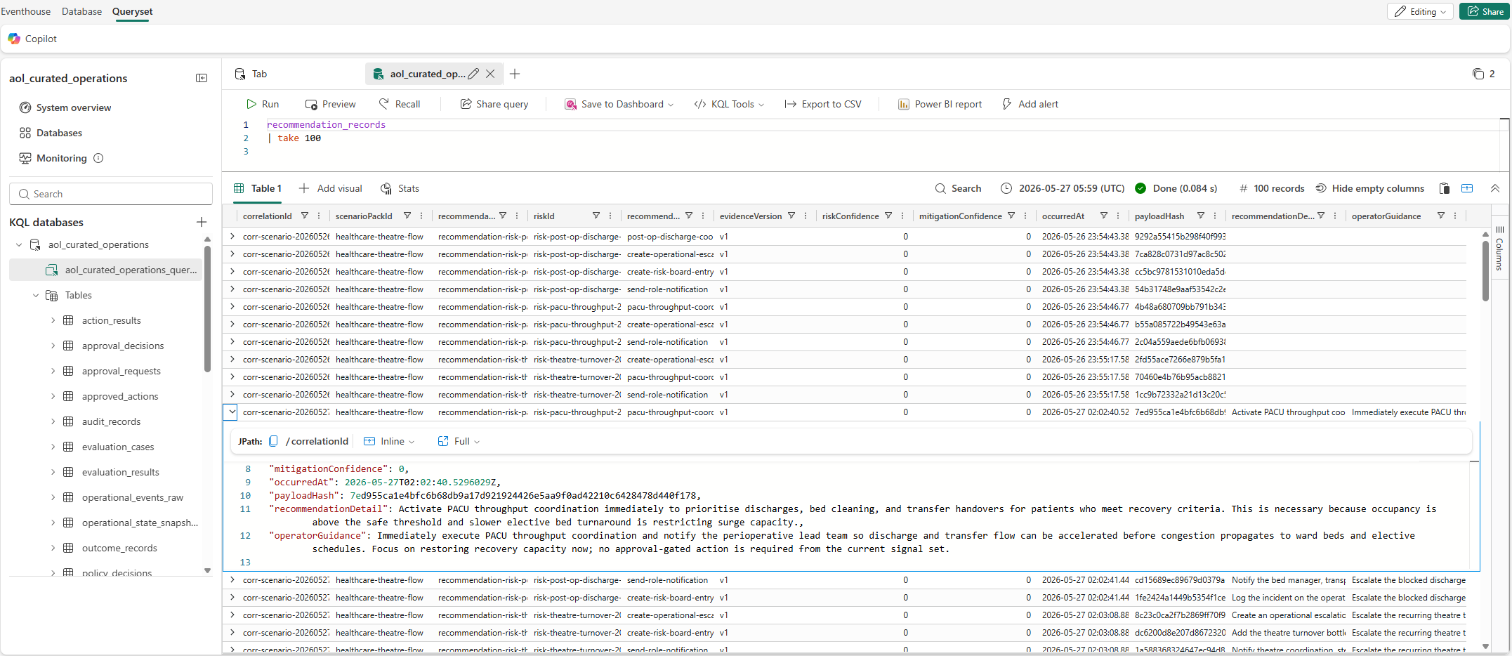 Recommendation records query - top 100 results in Eventhouse