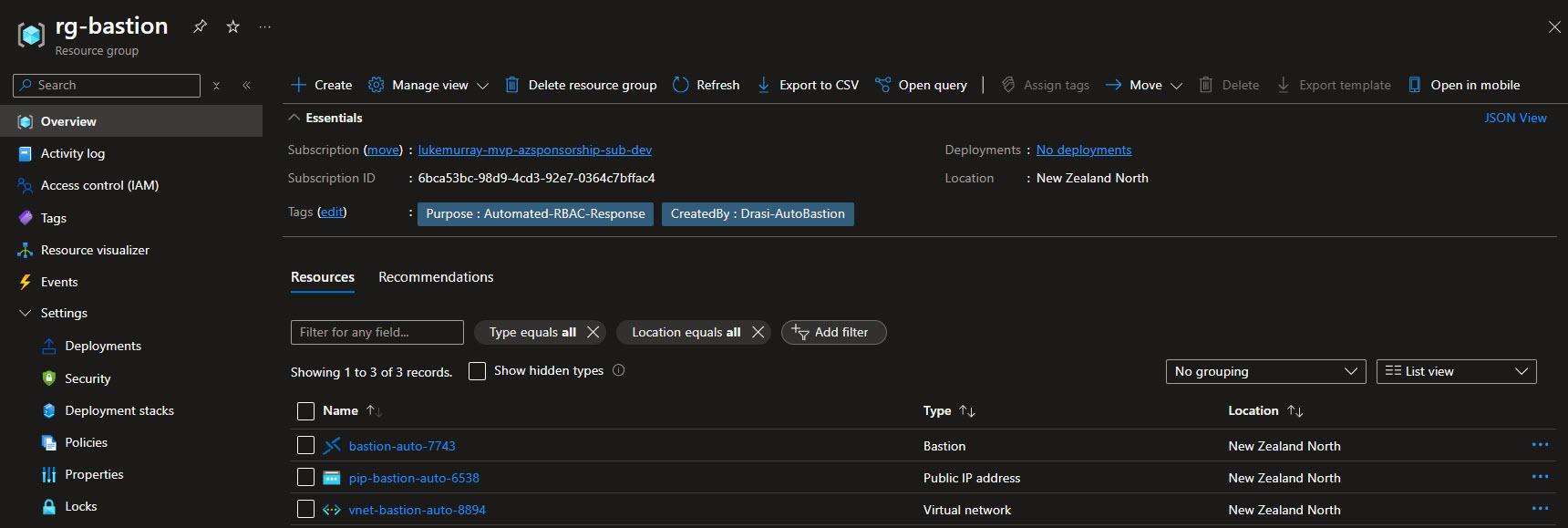 Azure Function Created Bastion