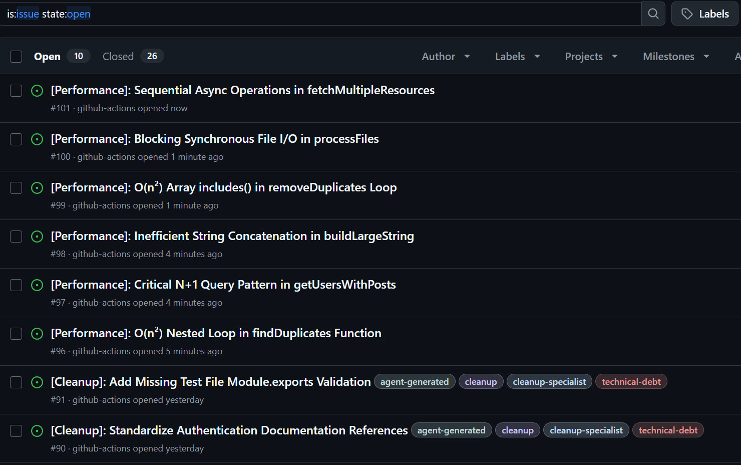 GitHub Issues created by the Performance Regression Detector Agent
