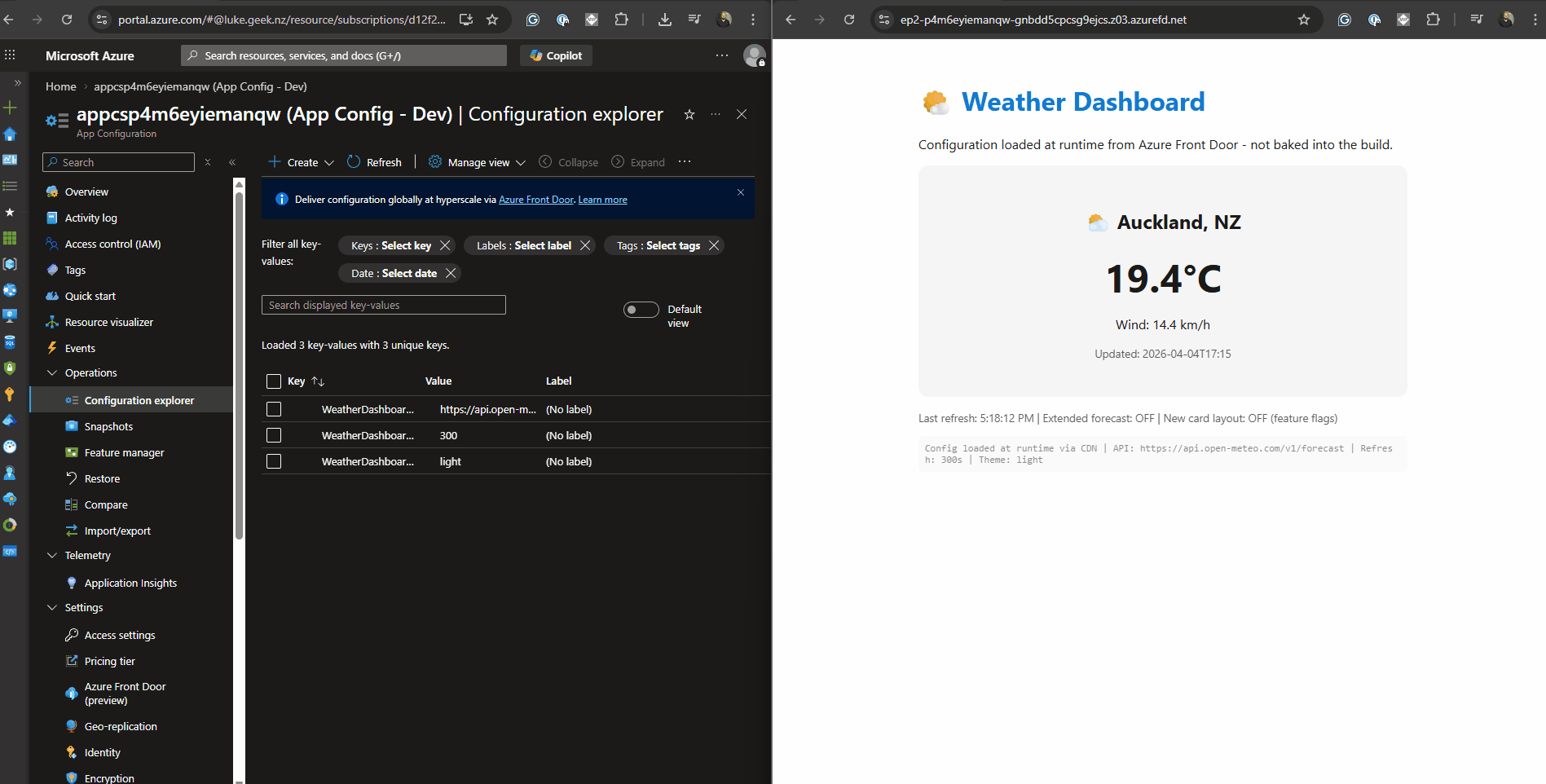 Runtime configuration and feature flags flowing from App Configuration through Front Door to the SPA