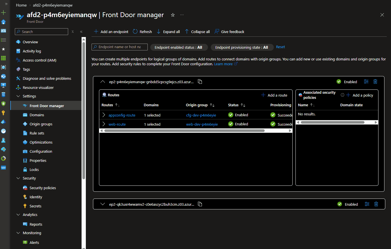 Feature flags and runtime values loaded through Front Door with environment-specific behavior