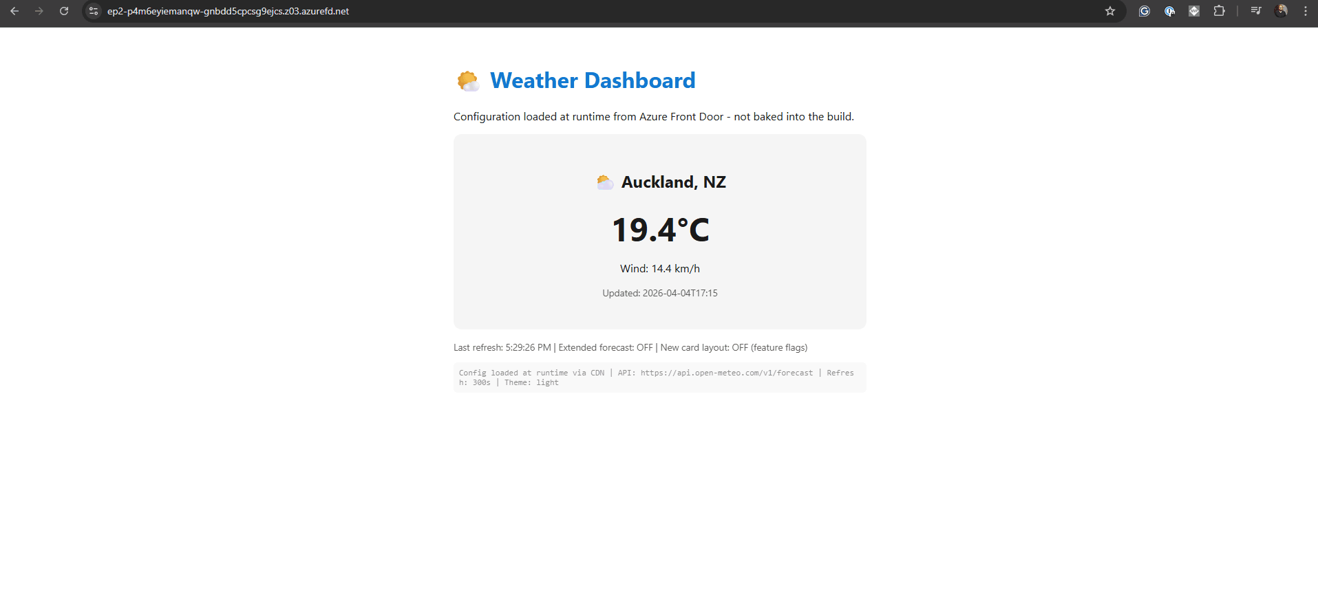 Using the Front Door URL succeeds while the direct Static Web App hostname is blocked for this pattern