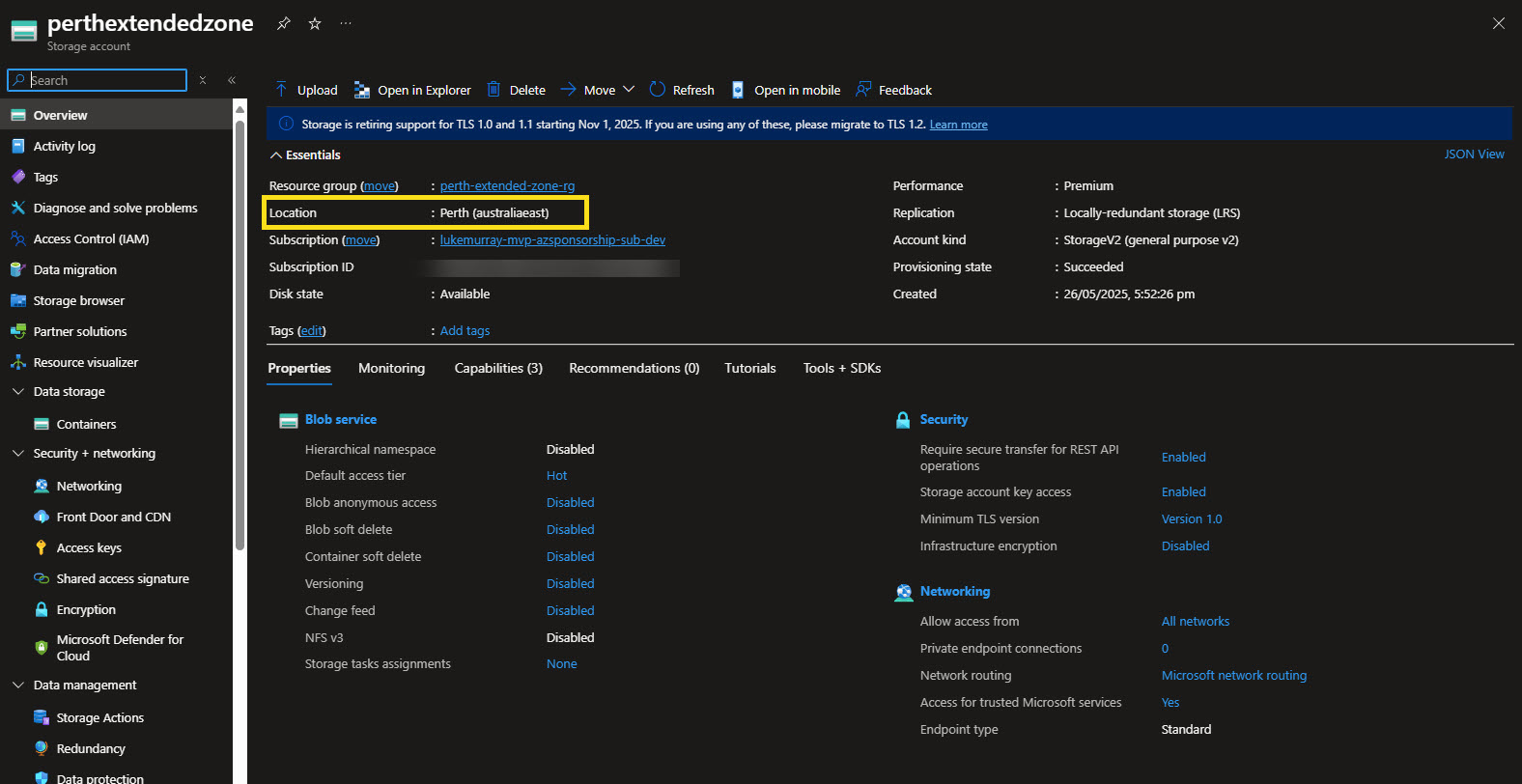 Storage Account in Perth Extended Zone