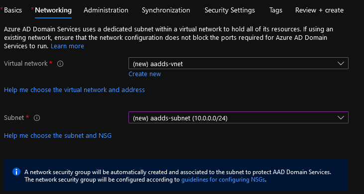 Azure AD Domain Services - Networking Config