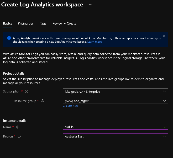 Azure Portal - Create Log Analytics