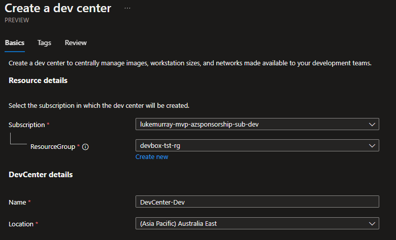 Azure Portal - Create a dev center