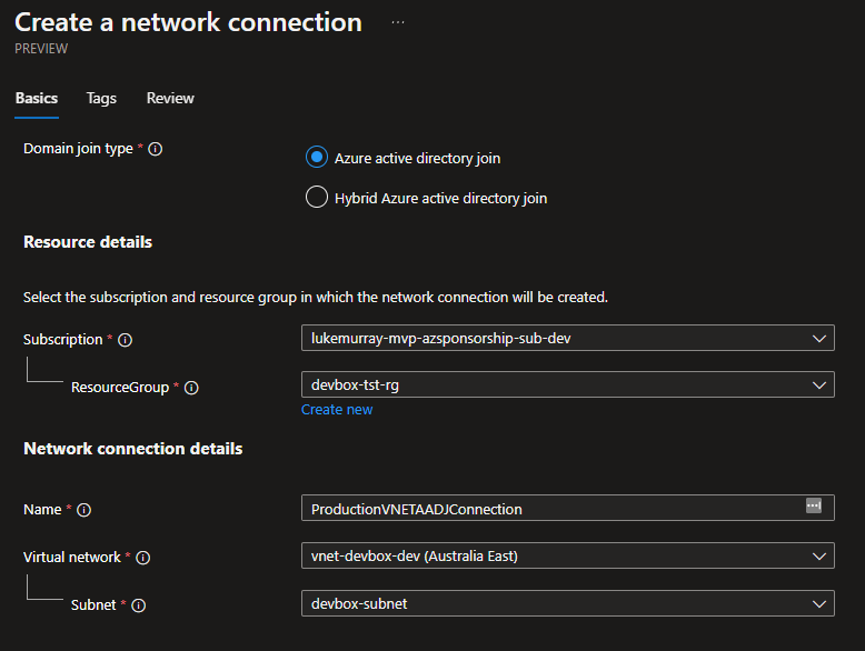 Create Azure Network Connection 