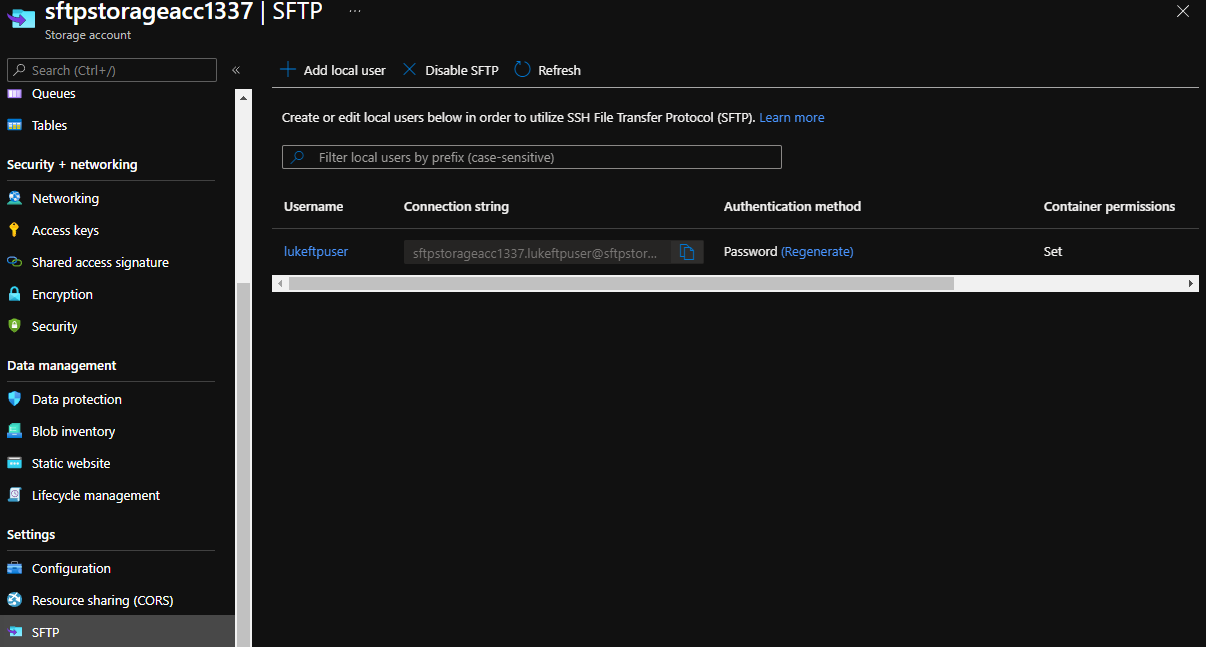 Azure Storage Account SFTP - Local User Created