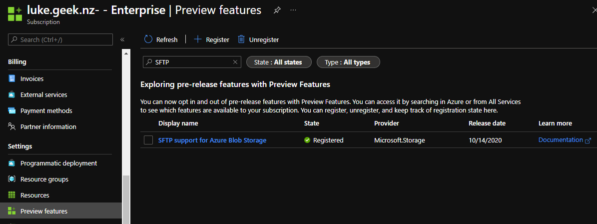 Azure Portal SFTP Preview Feature