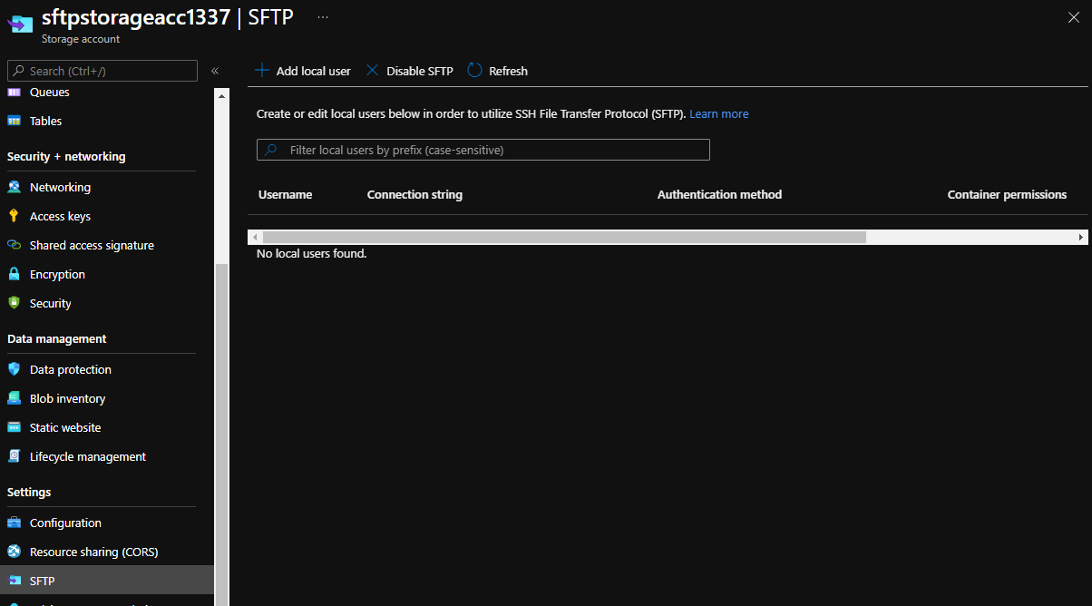 Azure Portal - Enable SFTP
