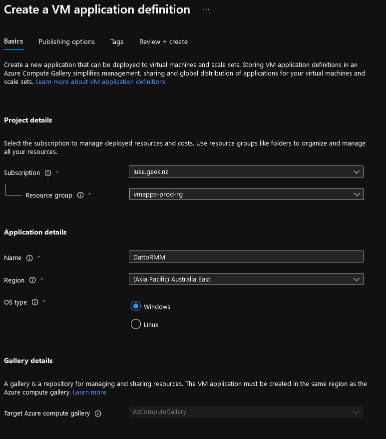 Azure Portal - Create Application Definition