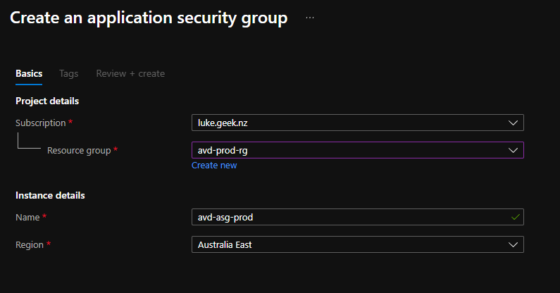 Create an Application Security Group