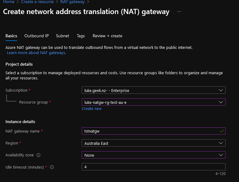 Create Azure NAT Gateway