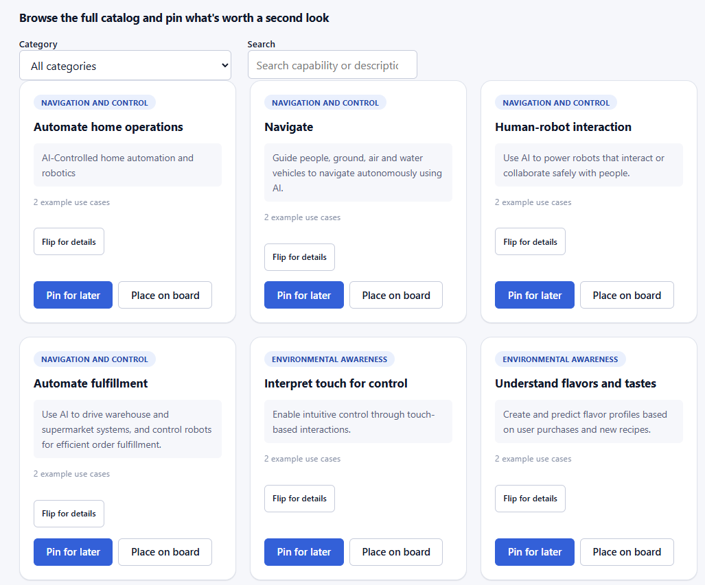Discovery Cards catalogue with search, pinning, and board-placement actions