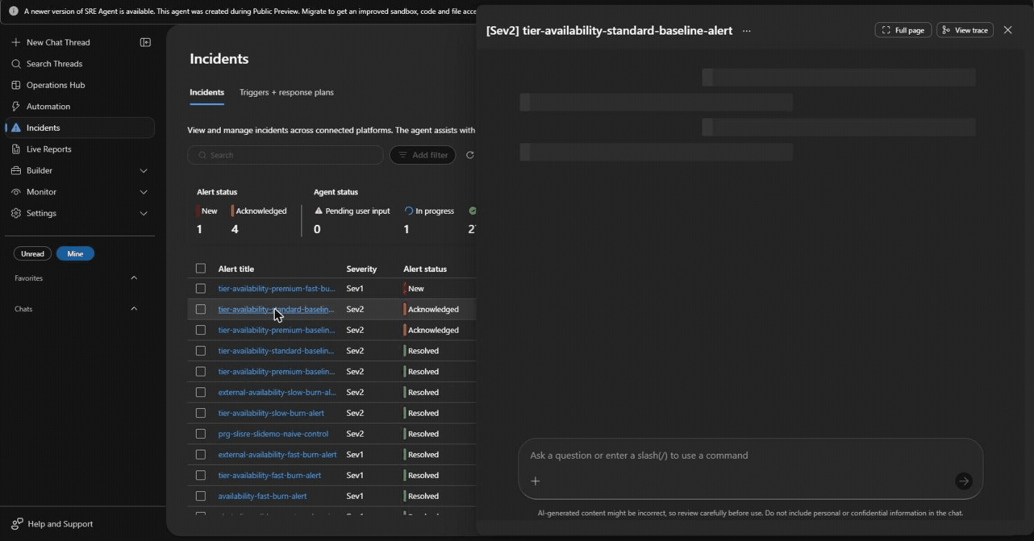 The Azure SRE Agent investigating a premium-tier fast-burn incident, identifying the breach from alert context, and requesting consent when it cannot read the SLI definition