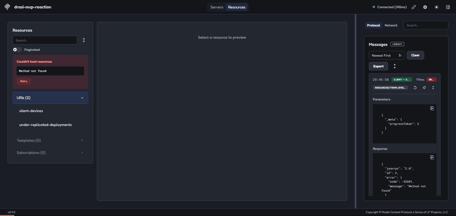 MCP Inspector subscribed to a Drasi query resource, showing a notifications/resources/updated push arriving from the server the moment a Kubernetes deployment recovers, with the resource content updating from the under-replicated row to an empty result set