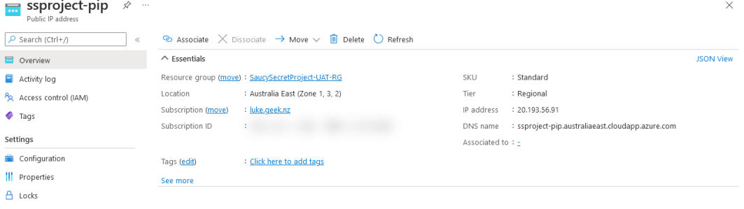Azure Portal - Public IP Address