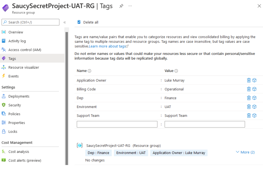 Azure Portal - Tags