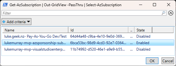 Select Azure subscription