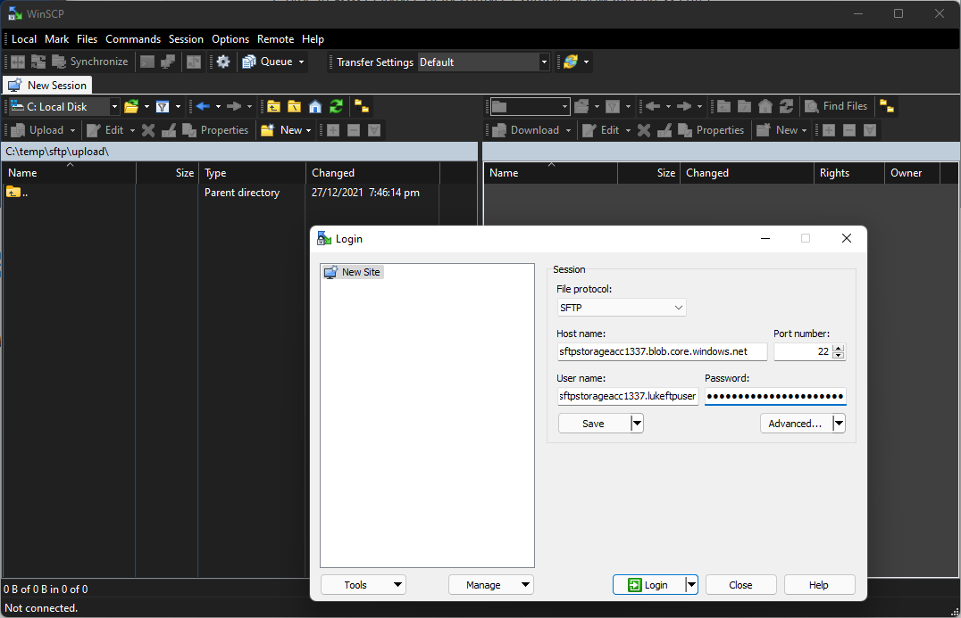 WinSCP Connection Azure SFTP