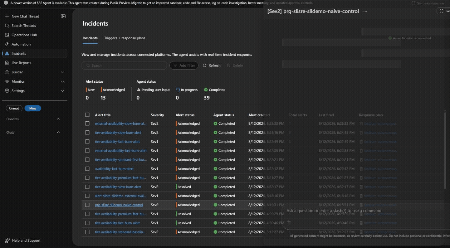 The Azure SRE Agent's incident view across the scaled-to-zero fault, the rollout it triggered completing, and independent recovery validation