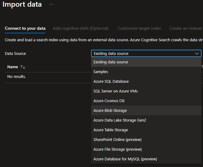 Azure Portal - Cognitive Search - Add Azure Blob Storage