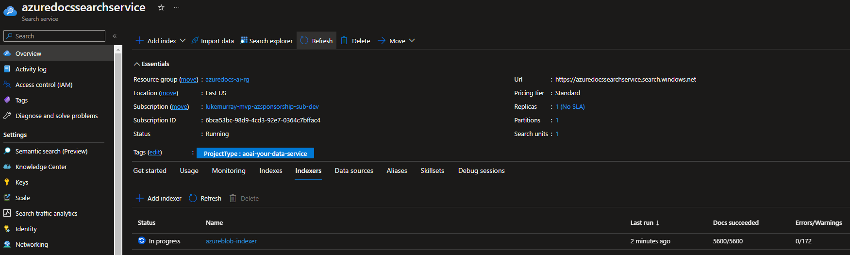 Azure Portal - Cognitive Search - Indexer