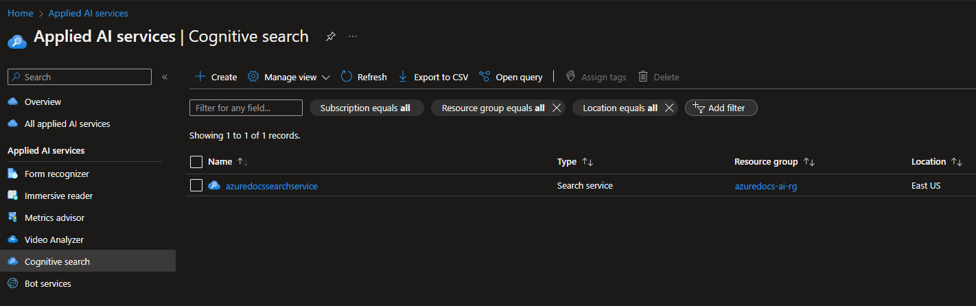 Azure Portal - Cognitive Search