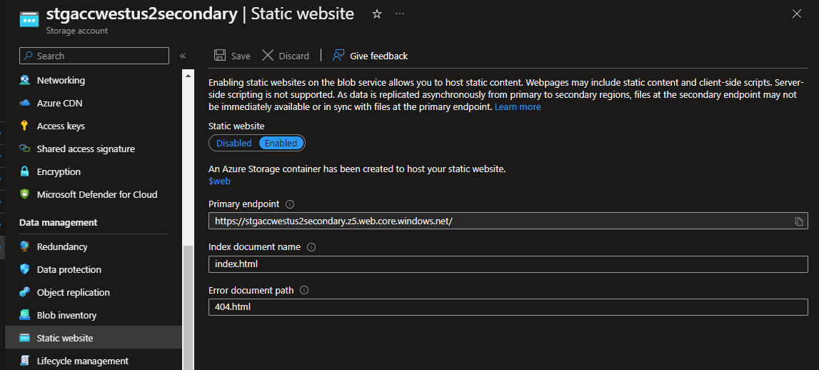 Azure Storage Account - Static website