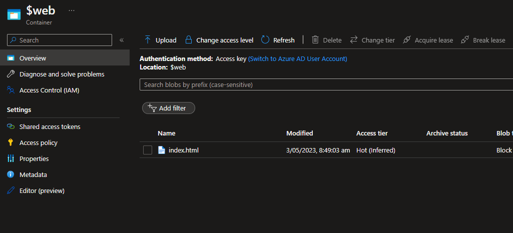Azure Storage Account - $web container