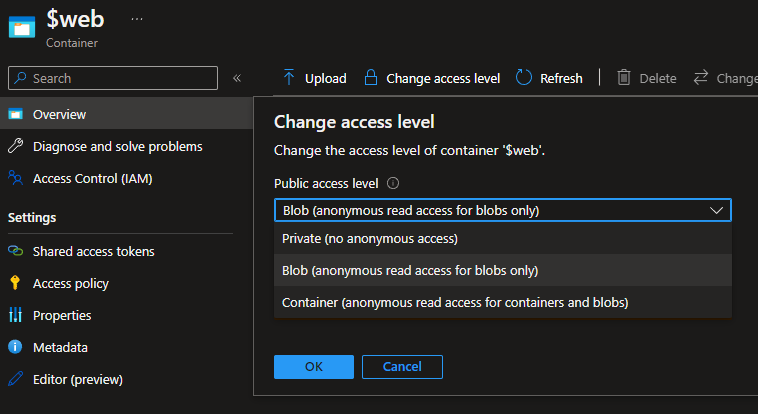 Azure storage account - blob access level