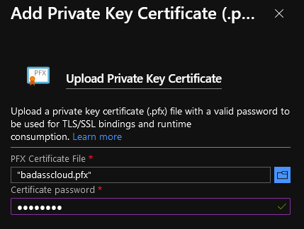 Azure Portal - Add Private Certificate