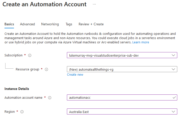 Create Azure Automation Account