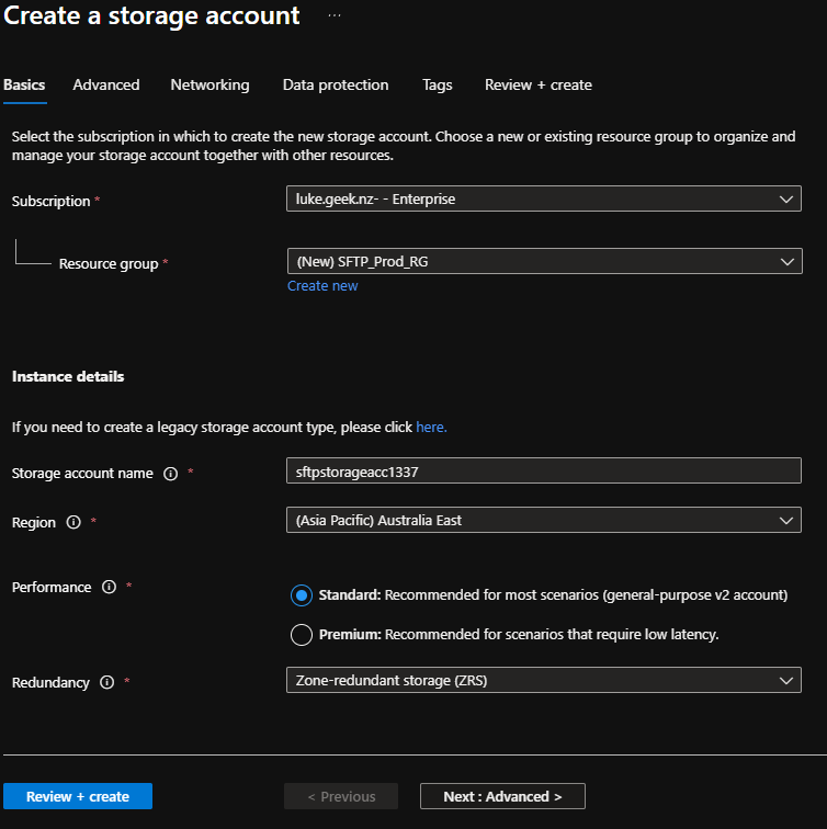 Azure Portal - Create v2 Storage Account