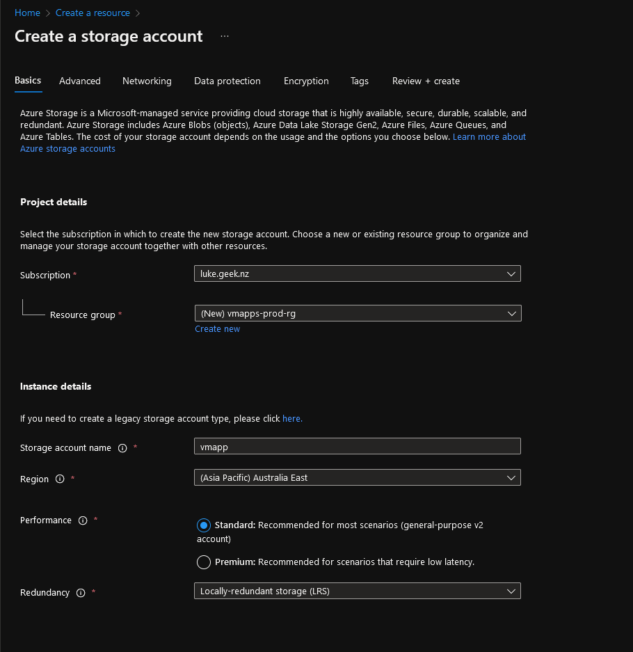 Azure Portal - Create Storage Account
